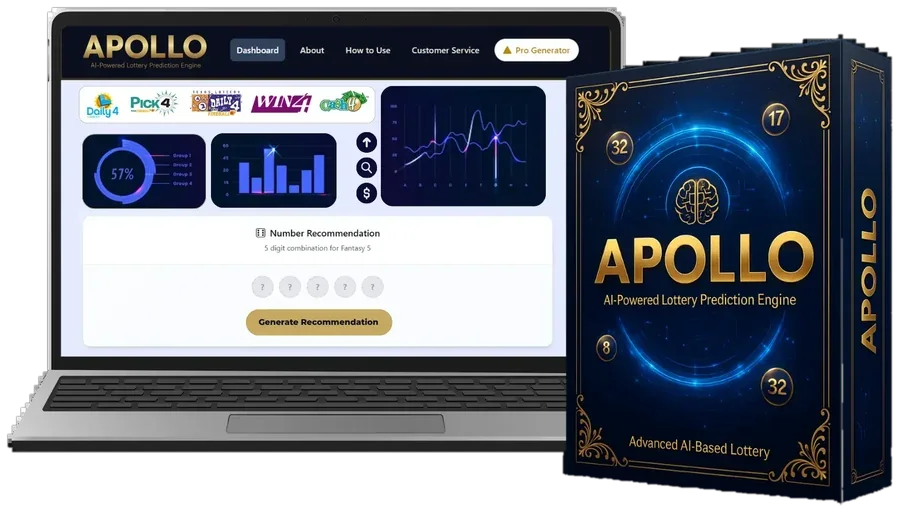 Apollo AI dashboard on a laptop showing game logos, a group ring, frequency bars, a trend chart and a number suggestion panel